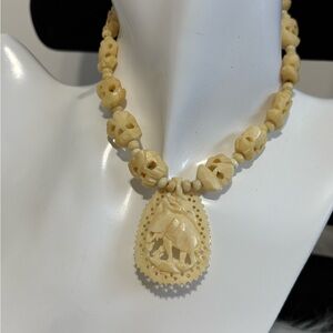 Antique Carved Celluloid Cream Necklace with Elephant Pendant